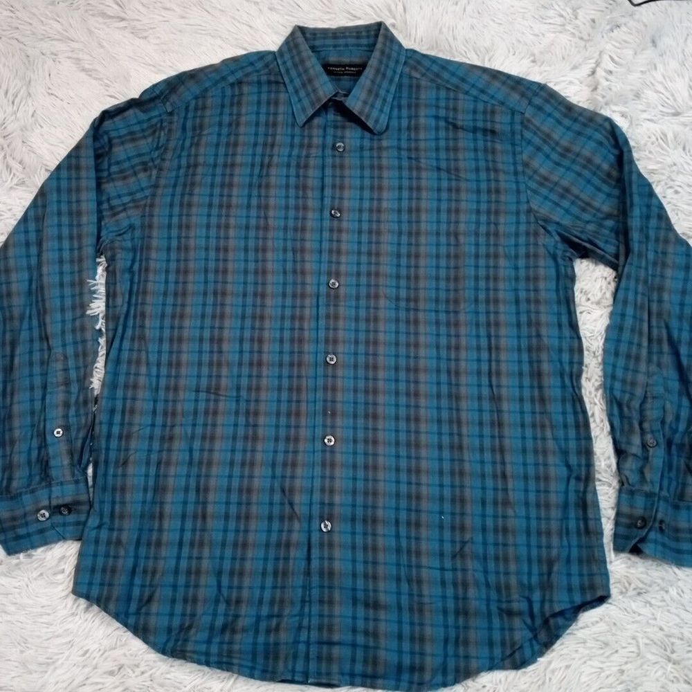 Kenneth Roberts Shirt Mens L Blue Plaid Preppy Chore Pocket Button Up Grunge‎